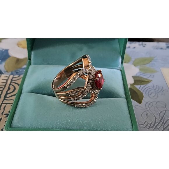 Vintage Signed SJ 925 Ruby & Simulated Diamond Rose Gold Statement Ring Sz 8 - Picture 4 of 5
